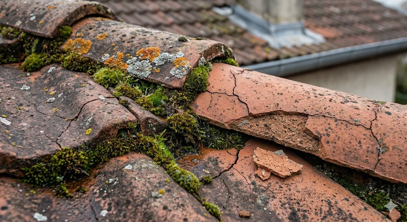 Tuiles fissurées avec mousses et lichens