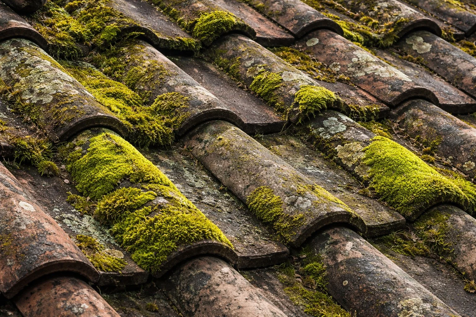 Mousse verte sur tuiles